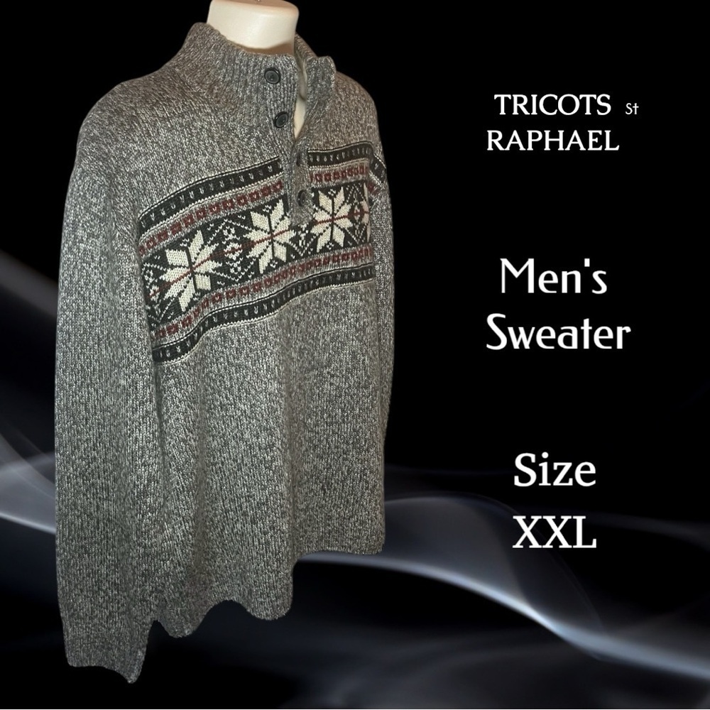 Tricot St Raphael Men's Fair Isle Button Up Mockneck Sweater Charcoal Grey XXL